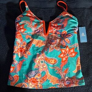 Cupshe Turquoise & Orange Paisley V‑Neck Tankini Top